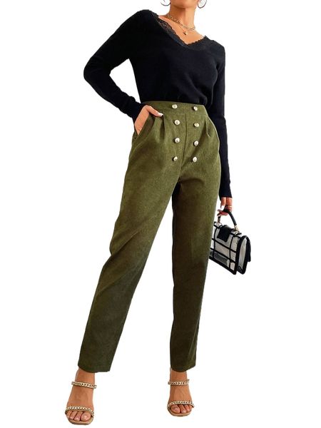 

high waist fake button pants m42c#, Black;white