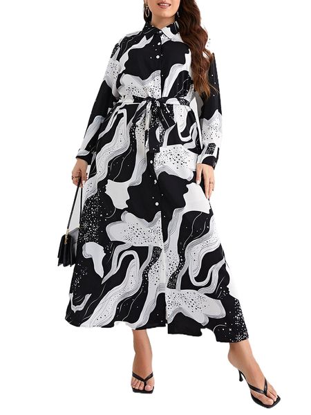 

plus graphic pattern belted shirt dress a917#, Black