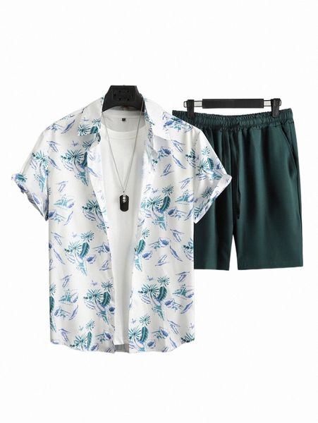 

men tropical print shirt & drawstring waist shorts without tee s5ks#, Gray