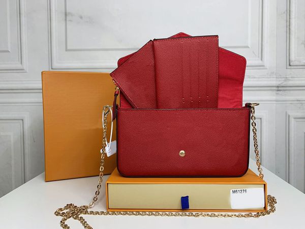 

5a pochette felicie chain strap shoulder bags 3pieces set womens embossing handbag crossbody bag wallets card holder purse 3 set m61276, Red;black