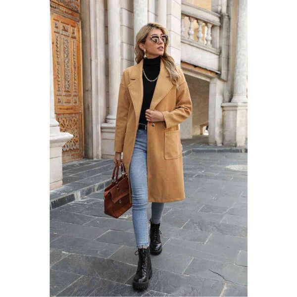 

autumn and winter women's temperament mid-length woolen coat pure color lapel single-breasted simple coat l220714, White;black