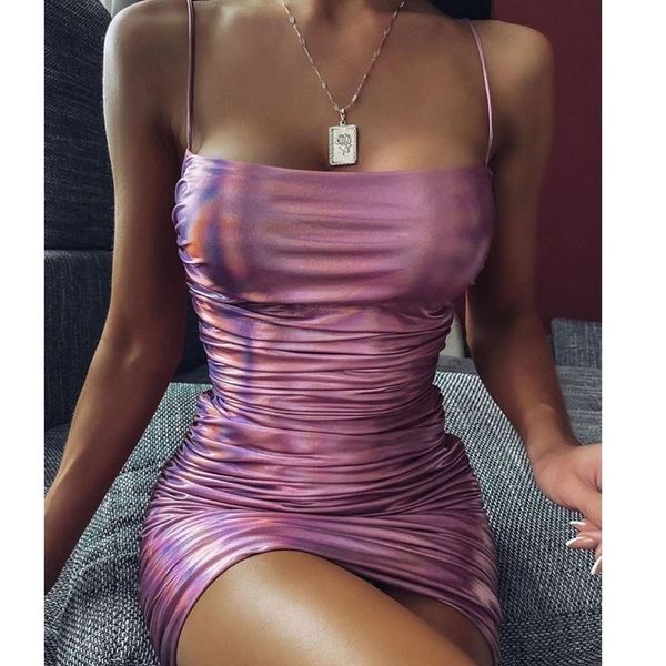 

yuqung shiny lycra pu leather pleated ruched short tight dress women summer strap night club party bodycon mini tube dress y200418, Black;gray