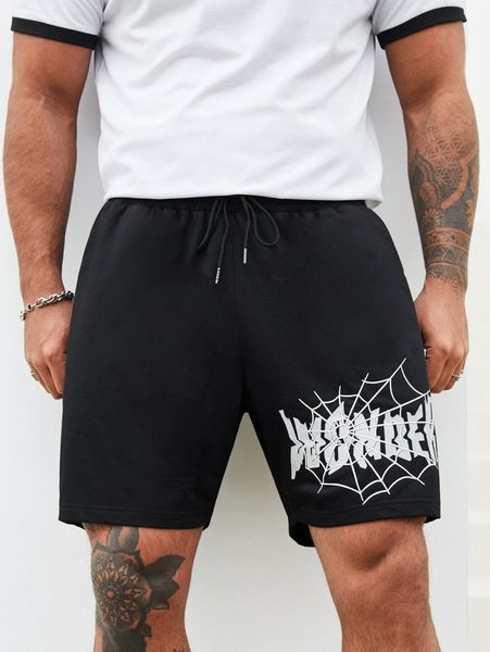

extended sizes men letter cobweb graphic drawstring shorts a3d5#, White;black