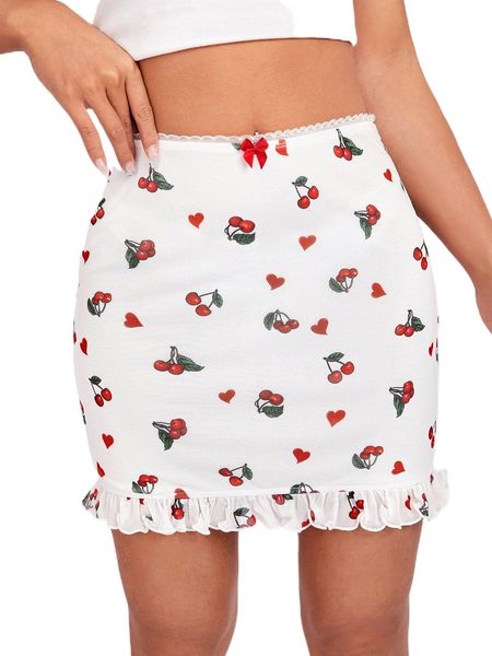

cherry & heart print ruffle hem skirt 5404#, Black