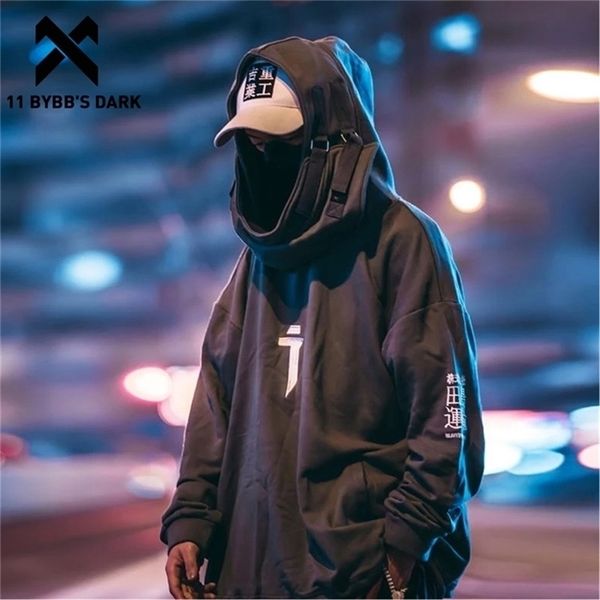 

11 bybb s dark japanese streetwear hoodie men harajuku neck fish mouth pullovers sweatshirts oversized hip hop hoodies techwear lj200826, Black