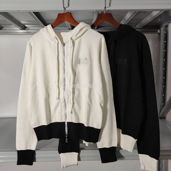 

women's knits & tees spring xiaoxiang black and white stitched hooded zipper cardigan lace up hat collar sweater cotton cashmere