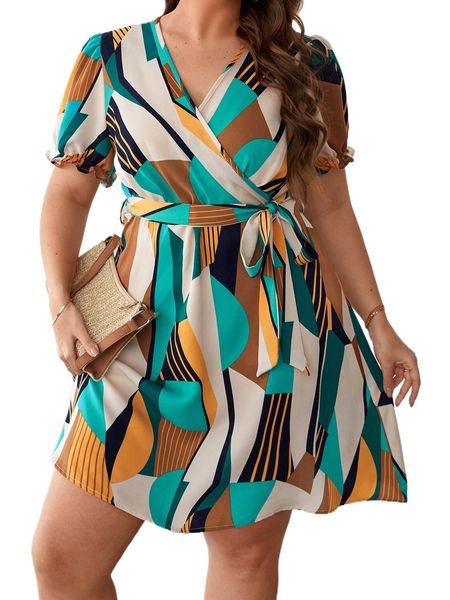 

plus geo print puff sleeve overlap collar belted dress j8xz#, Black