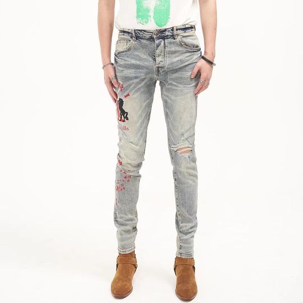 

mens jeans designer jeans distressed ripped biker slim fit motorcycle bikers denim fashion mans tide brand dirty yellow mud wash water hole, Blue