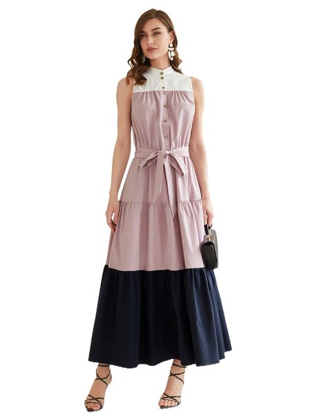 

color block ruffle hem belted dress c1zv#, Black;gray