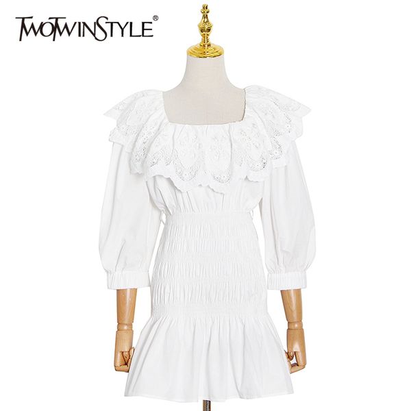 

patchwork lace slim dress for women square collar puff sleeve high waist hollow out dresses female fashion 210423, Black;gray
