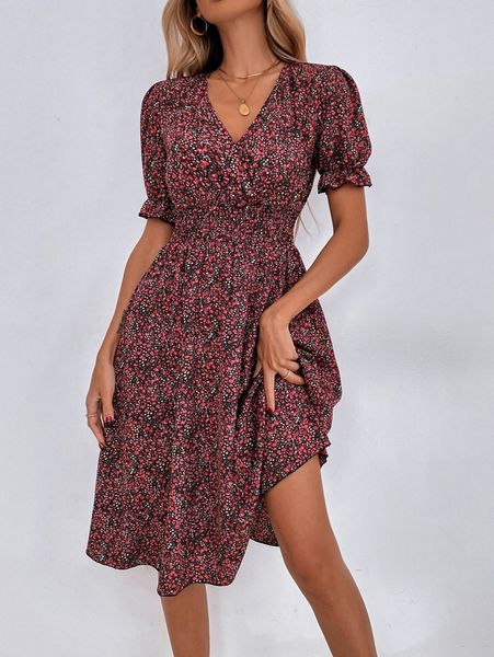 

ditsy floral puff sleeve shirred waist dress r4uu#, Black;gray