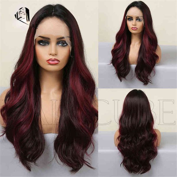 

nxy wigs wind domestic silk lace small t wine red gradually changing color medium split long curly wigs 220530, Black