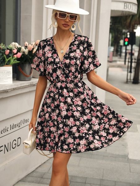 

floral print overlap collar flutter sleeve ruffle hem dress s8lc#, Black;gray