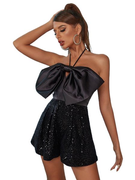 

d& big bow halter neck backless contrast sequin romper 30yy#, Black;white