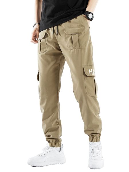 

men letter graphic flap pocket drawstring waist cargo pants 98bq#, Black