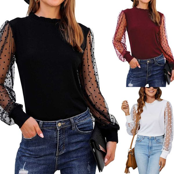 

2022 women's new long sleeve spring and summer lace splicing top, White