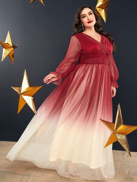 

plus ombre flounce sleeve overlap collar mesh prom dress o9rr#, Black