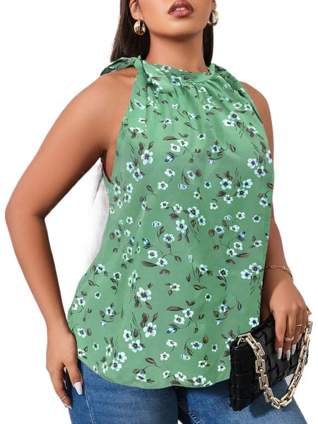 

plus allover floral print knot side blouse m6xe#, Black