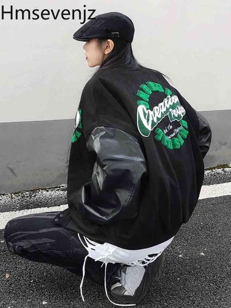 Hmsvenjz Männer Leder PU Jacken Black Bomber High Street Oberbekleidung Mäntel Koreanische Frauen Casual Retro Windjacke Jacke