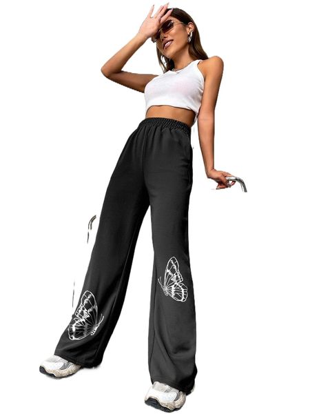 

butterfly print elastic waist pants g4wa#, Black;white
