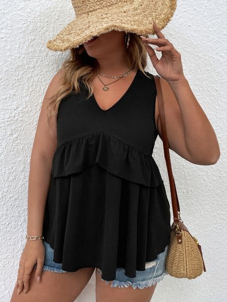 

plus ruffle trim tank r7zh#, Black