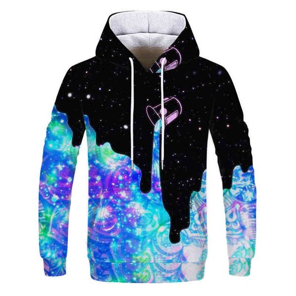 Hot Moda Men/Mulheres Sorto 3D Prind Milk Space Galaxy Hoodies UNISSISEX TOPS TOPS ATRIBUILADORES E VARELHO TOPS L220704