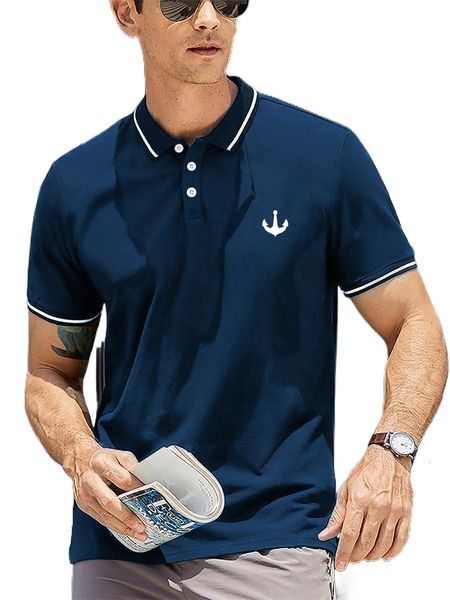 

men anchor print striped trim polo shirt k0hw#, White;black