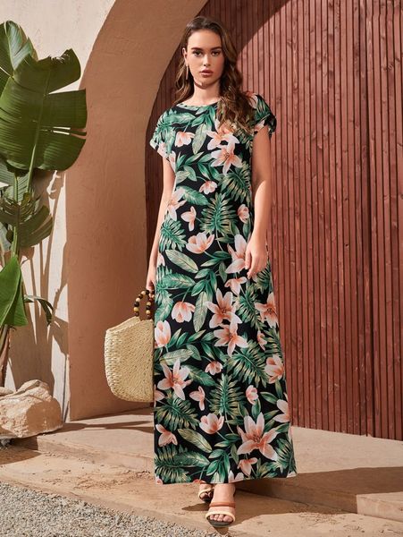 

tropical print tunic dress g5ep#, Black;gray