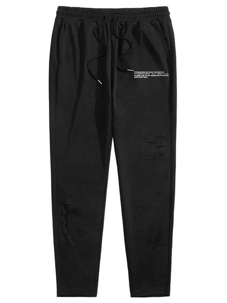 

men drawstring waist slogan graphic pants c7bl#, Black