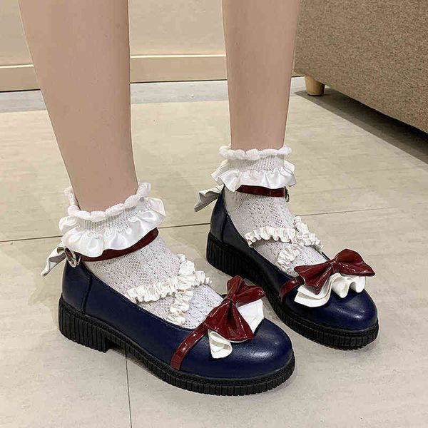 Kleid Schuhe 2022 Mode Japanische Stil Maid Pumps Gekreuzte Spitze Riemen Mary Janes Patchwork Bogen Schnalle Heels Frühling Tee Party Lolita 220516