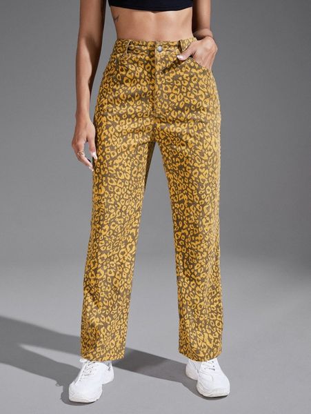 

high waist leopard print straight leg pants 05az#, Black;white
