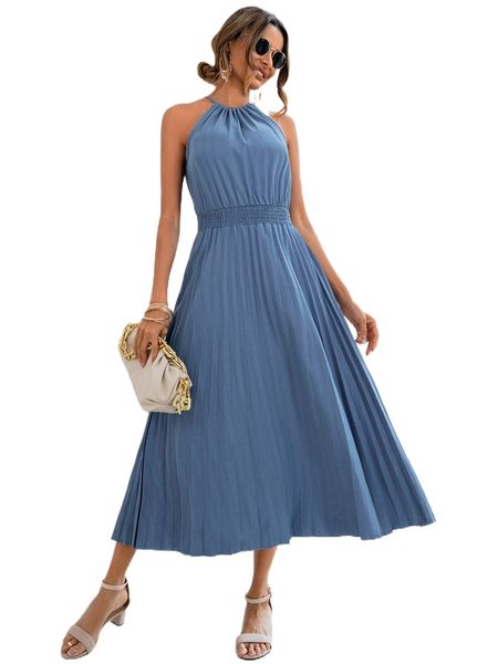 

tie back shirred waist pleated hem halter dress p5rq#, Black;gray