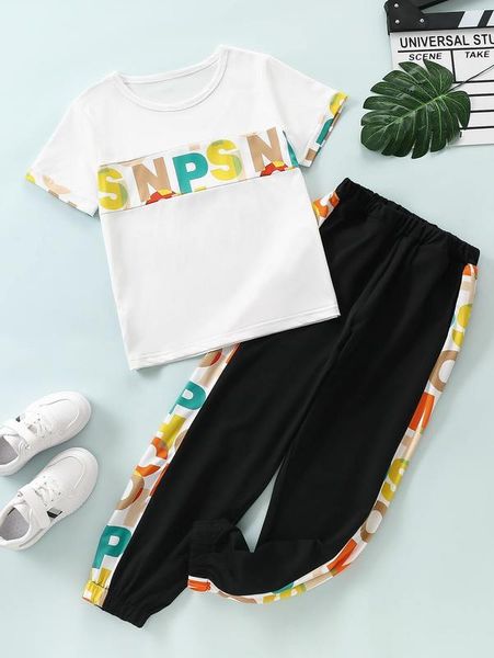 

girls letter graphic tee & sweatpants she, White