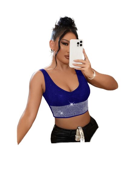 

sxy rib knit rhinestone detail crop tank u2pf#, White
