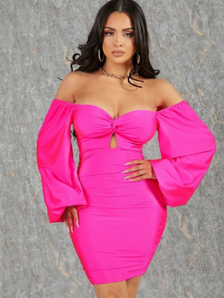 

neon pink off shoulder twist front bodycon dress l1ye#, Black;gray