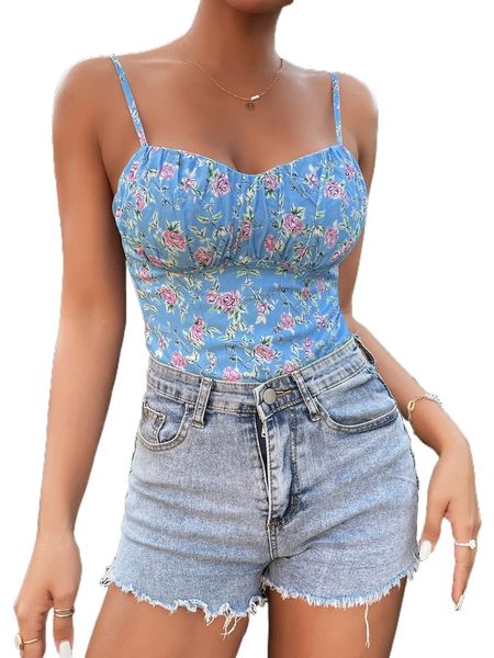 

floral ruched bust shirred back cami bodysuit j2u9#, White