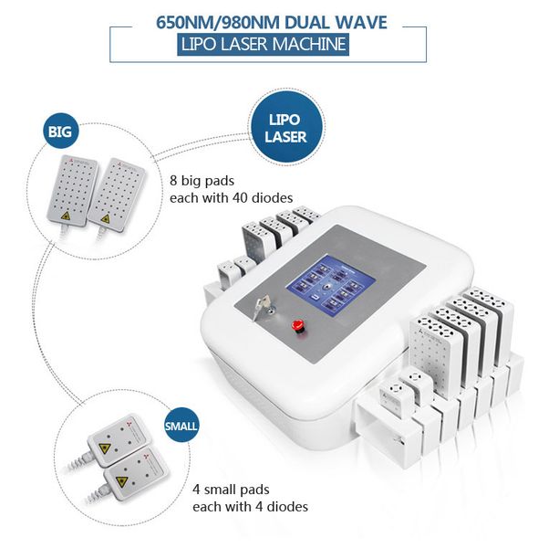 Máquina de forma de corpo de lipolaser profissional 12 pad duplo comprimento de onda 650nm 980nm máquina de emagrecimento rápido diodo laser frio rápido equipamento