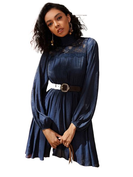 

shirred high neck lantern sleeve lace yoke dress without belt 28m9#, Black;gray