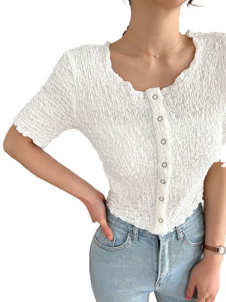 

dazy textured button front blouse k165#, White