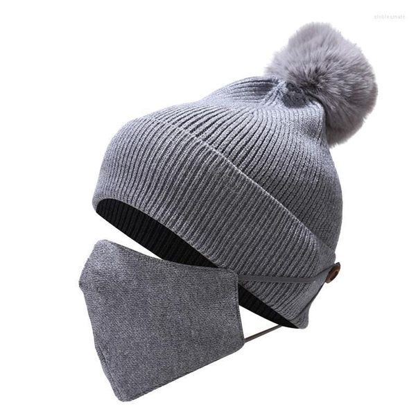 Beanie/Totenkopf-Kappen für Kinder, Outdoor, warmer Strick, Winter, dicke Mütze und Maske, stilvolle Hüte, lässige Plüsch-Damenmütze, Beanie/Totenkopf Elob22