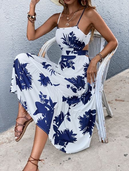 

floral print tie back cami dress a6lc#, Black;gray