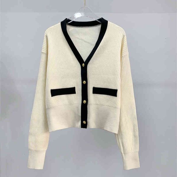 

women's knits tees xiaoxiangfeng knitted cardigan women's autumn product lessel tencel contrast color v-neck long sleeve gold butt, White
