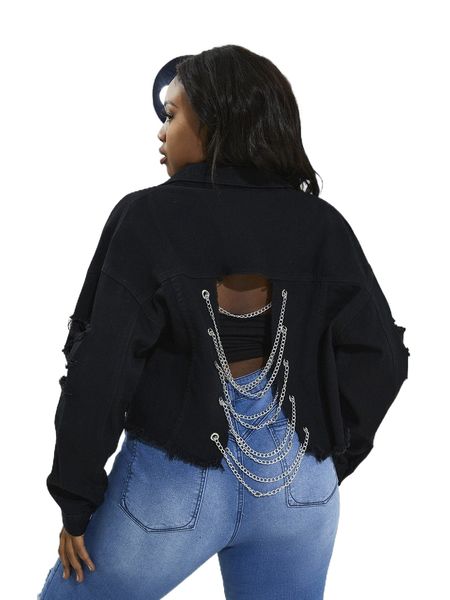

plus chain detail ripped raw trim drop shoulder denim jacket b3mf#, Black;brown
