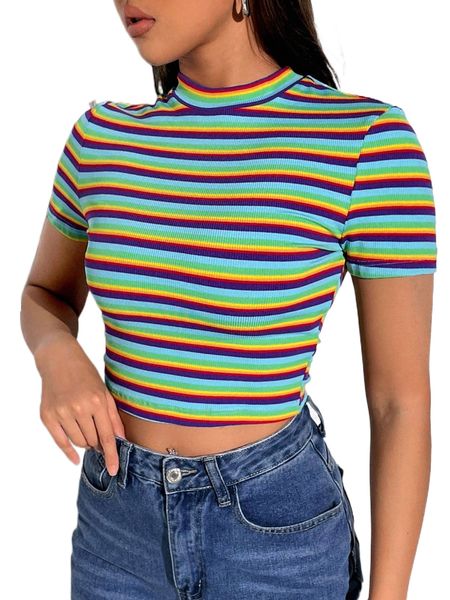

lgbt rainbow striped mock neck crop tee g96y#, White