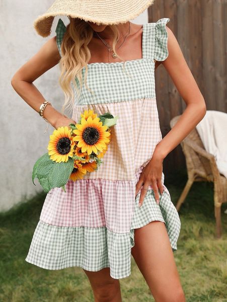 

gingham print ruffle hem smock dress h8an#, Black;gray