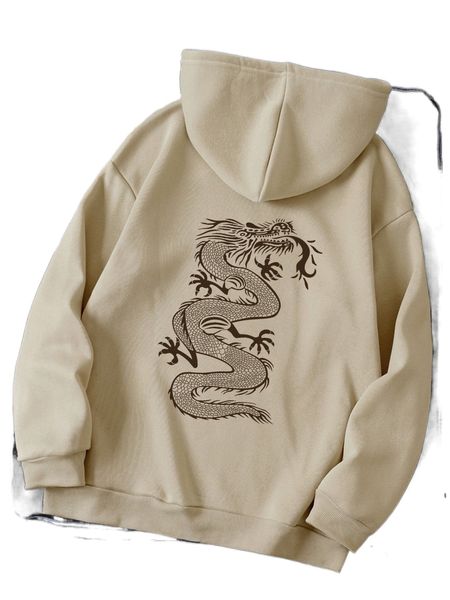 

chinese dragon graphic kangaroo pocket thermal lined drawstring hoodie m4m0#, Black