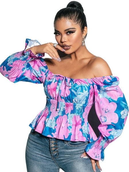 

glamaker knot front floral print shirred ruffle hem blouse m8ph#, White
