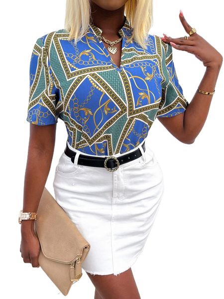 

random scarf print curved hem blouse c881#, White