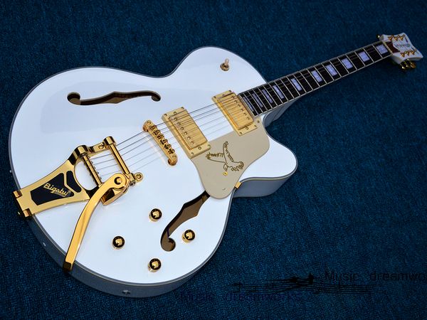 

white jazz electric guitar semi hollow body gold hardware,large rocker