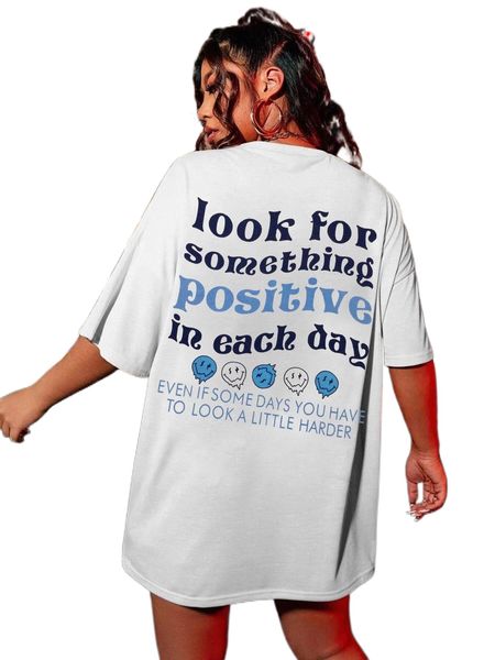 

plus slogan & expression print drop shoulder tee q27s#, Black